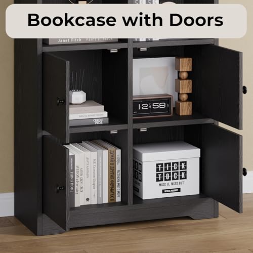 IRONCK Bookshelf with Doors, Book Shelf with Storage Shelves, 74.6 in Tall Bookcase for Home Office, Living Room, Bedroom, Black - color: Black