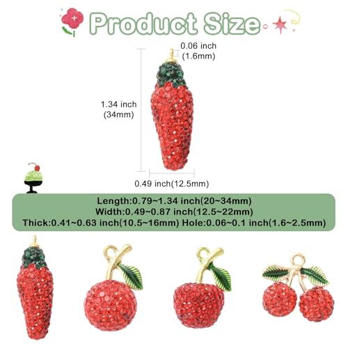 Stiesy Polymer Clay Rhinestone Fruit Charms 8Pcs, 4 Styles Golden Tone Red Crystal Beads Charms, 3D Cherry Apple Chili Pepper Pendants for Jewelry Making, DIY Bracelet Necklace Crafts - color: Red Fruit-4 Styles-8pcs