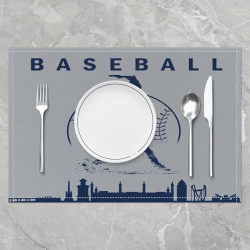 Erosebridal Baseball Placemats Set 4 Piece Softball Place Mat Sports Games Placement Mats Athlete City Silhouette Table Mats for Dining Table Setting, Grey Navy Blue - color: Grey Navy Blue