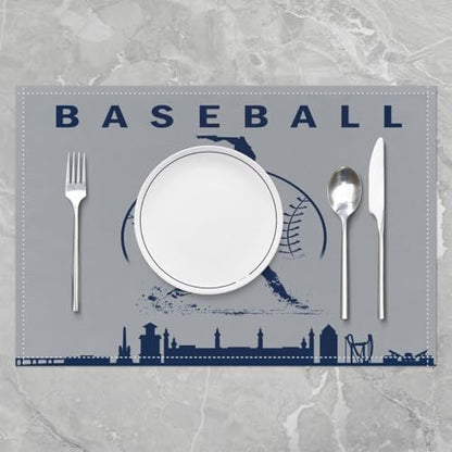 Erosebridal Baseball Placemats Set 4 Piece Softball Place Mat Sports Games Placement Mats Athlete City Silhouette Table Mats for Dining Table Setting, Grey Navy Blue - color: Grey Navy Blue