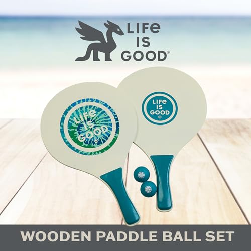 Life Is Good Wooden Paddle Ball Set (Green Rocket Dog), 2 Thick Wood Paddles and 2 Balls, Classic Beach and Backyard Toss Game for Kids and Adults, Outdoor Summer Lawn and Park Activity - color: Green Rocket Dog
