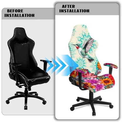 Suobstales Boho Mandala Hummingbird Pattern Gaming Chair Covers, Stretchable Office Computer Chair Slipcover with Armrest Covers, Elastic Seat Protector for Office Reclining Racing Game Chair - color: Boho Mandala Hummingbird