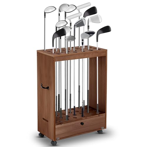 Silipull Golf Club Stand Holder Wooden Golf Club Organizer Putter Display Rack with Storage Drawer and Wheel for Indoor Home Office Simulator Garage - color: Walnut