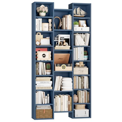 FOTOSOK 71'' Tall Bookshelf with 21 Cubes, 8 Tier Triple Wide Bookshelf with 8 Adjustable Shelves, 35" Large Bookcase DVD/CD Media Tower Storage, Freestanding Display Shelf Cabinet, Blue - color: Blue
