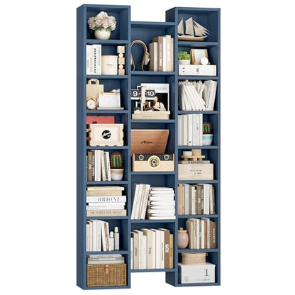 FOTOSOK 71'' Tall Bookshelf with 21 Cubes, 8 Tier Triple Wide Bookshelf with 8 Adjustable Shelves, 35" Large Bookcase DVD/CD Media Tower Storage, Freestanding Display Shelf Cabinet, Blue - color: Blue
