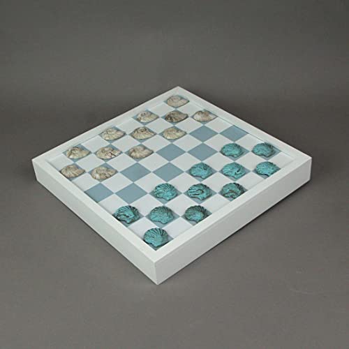 Coastal Themed Seashell Checkers Set with Game Board 13 Inches