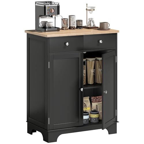 HOMCOM Sideboard Buffet Cabinet with Solid Wood Countertop, Modern Kitchen Storage Cabinet, Coffee Bar Cabinet with 2 Drawers, Doors and Adjustable Shelf, Black - color: Black, size: 26.75" x 15.75" x 33.5"