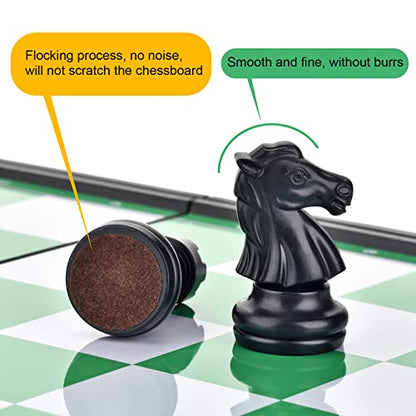 Magnetic Travel Chess Set with Folding Chess Board & 2 Extra Queens & Convenience Bag, Educational Toys for Kids and Adults (Green & White)
