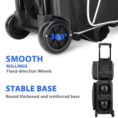 Goloni 3 Ball Bowling Bag with Wheels, 2+1 Double Roller Bowling Bag with Shoe Compartment,Tote Bag for Bowling Accessories - color: 3 Ball-Black