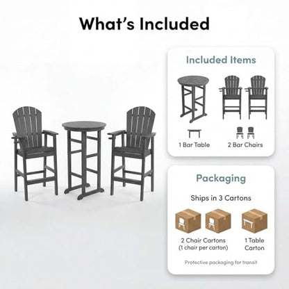 Patio Bar Tables Set of 3, HDPE Outdoor High Top Table and Chairs Set Height Table Chairs Adirondack Bar Set for Garden, Backyard, Yard, Pool, Balcony, Grey - color: Ø31.1" Bar Set of 3, Grey