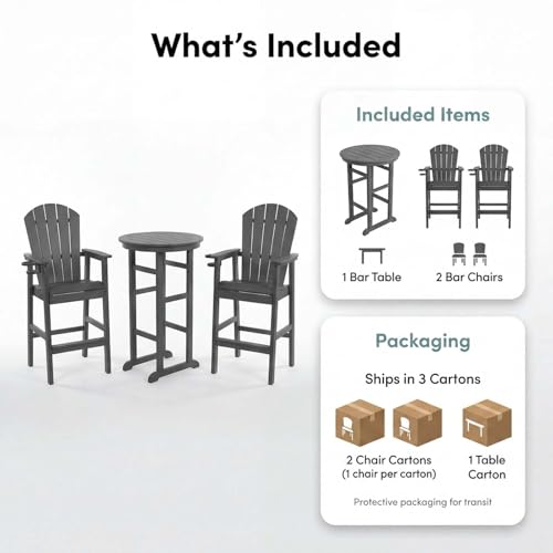 Patio Bar Tables Set of 3, HDPE Outdoor High Top Table and Chairs Set Height Table Chairs Adirondack Bar Set for Garden, Backyard, Yard, Pool, Balcony, Grey - color: Ø31.1" Bar Set of 3, Grey