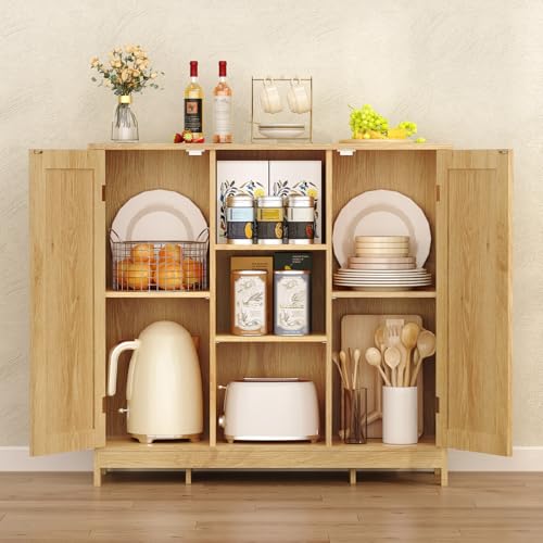 Iwell Rattan Storage Cabinet with 4 Adjustable Shelves, Coffee Bar Cabinet, Sideboard Buffet for Kitchen, Living Room, Entryway, Natural - color: Natural