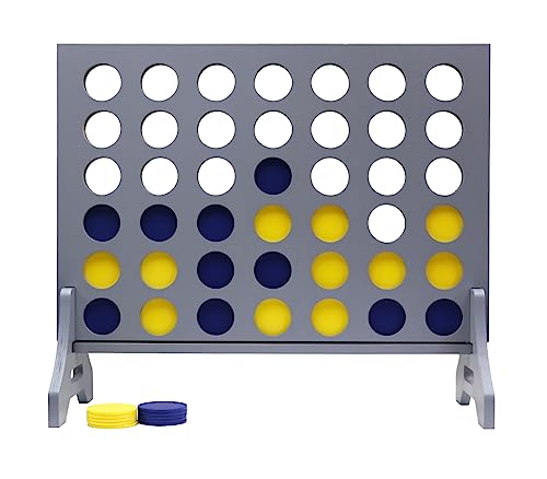 Giant 4 in a Row Game for Family & Adults – Tailgating Pros Jumbo Grey Wooden Four in a Row Indoor & Outdoor Yard Game for Family Party Fun, Portable Activities for Patio, Backyard, and Camping - color: Blue / Yellow