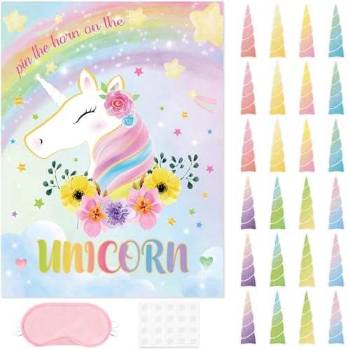 WERNNSAI Pin The Horn On The Unicorn - Birthday Party Game with 24Horns Stickers for Unicorn Birthday Decorations Pin The Tail Game for School Classroom Activities - style: Unicorn B 002