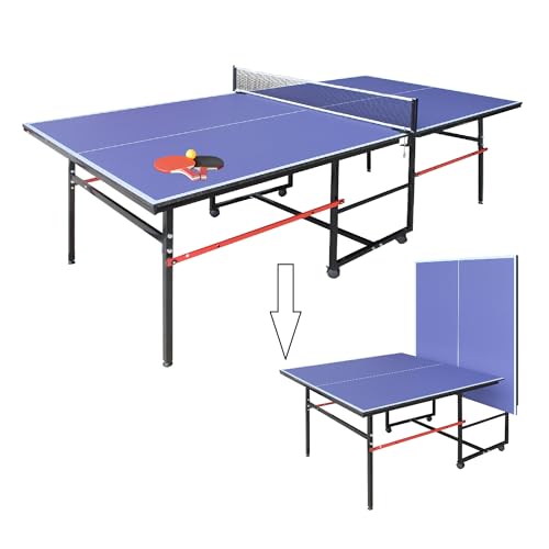 8FT Table Tennis Table with Net, Indoor/Outdoor Professional Ping Pong Table for Kids Adults, Folding Ping Pong Table, Complete Set with Paddles and Balls, School Playground Game Table - color: New Blue
