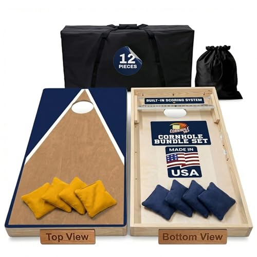 Cornhole365 Complete Cornhole Board Set - Includes Solid Wood Cornhole Board, 8 All-Weather Cornhole Bags, Portable Carrying Case & String Tote Bag Outdoor Game Bundle - color: Navy Triangle