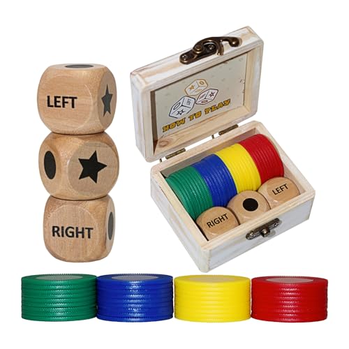 Left Right Roll Dice Game Set - 3 Wood Dice & 36 Plastic Chips in Wooden Box, Fun Family Party Dice Games for Adults, Teens & Friends, White - color: White