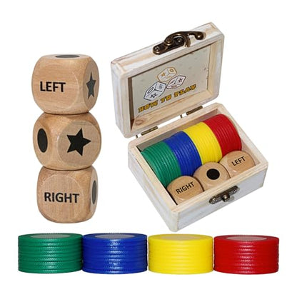 Left Right Roll Dice Game Set - 3 Wood Dice & 36 Plastic Chips in Wooden Box, Fun Family Party Dice Games for Adults, Teens & Friends, White - color: White