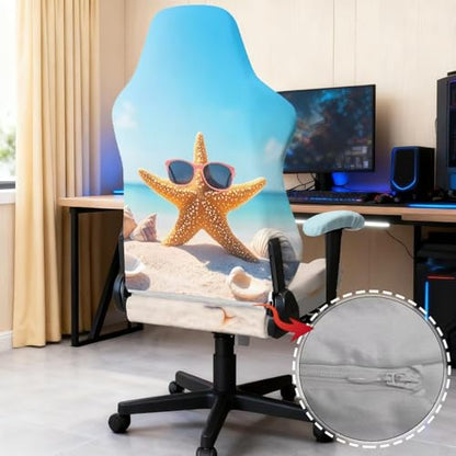 Stretchable Universal Computer Chair Cover with Armrest Covers Beach Starfish Theme Armchair Slipcovers High Back Rotating Gaming Chair Covers Protector 4PCS Package with Easy Installation - color: Beach Starfish
