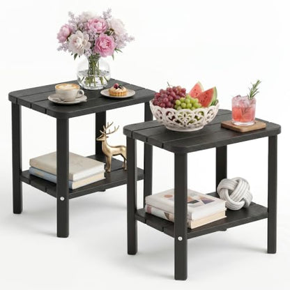 Outdoor Side Table，2PCS Small Table 2-Tier, Weather Resistant Outdoor End Tables, Patio Furniture for Garden, Porch, Pool, Lawn, Backyard or Indoor Bedroom - size: 2PCS