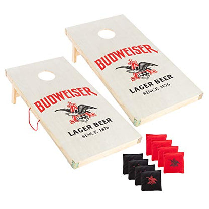 Budweiser Logo Cornhole Set – Complete Outdoor Lawn Game Set with 2 Regulation Size Boards, 8 Bags