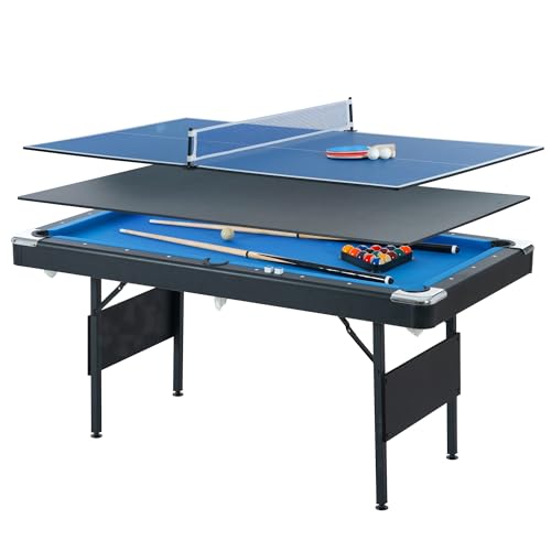 3 in 1 Billiard Table, 64" Folding Pool Table with Ping Pong Table and Dining Top, Multi Game Table Includes Billiard Accessories and Tennis Paddles for Family Game Room, Basements - color: Blue