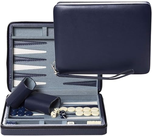 WE Games Backgammon Set, Board Games for Adults - Travel Games - Magnetic with Navy Blue Leatherette Backgammon Board and Carrying Strap - Travel Backgammon Sets for Adults - color: Navy Blue