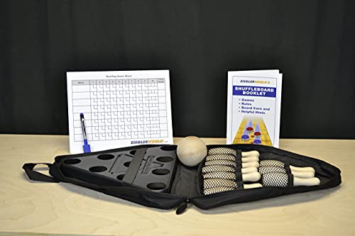 Zieglerworld Table Shuffleboard Bowling Brown Pins - Pinsetter - Rules Booklet - Score Chart - Carrier Bag & Wood Ball