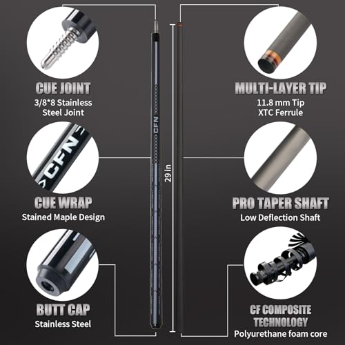 58" Carbon Fiber Pool Cue Stick - Elegant Design Billiard Cue for Adults, Low Deflection Pro Shaft with 11.8mm Tip, 3/8-8 Joint - color: Piano Black