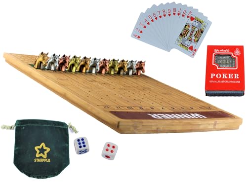 Metal Horse Race Board Game Set with Horse Racing Thick & Solid Wood Game Board(16"/Dark),11 Luxurious with 4 Antique(Gold,Silver,Red Cooper&Bronze) Metal Craft Horses, Dice&Cards (HR-M654) - color: Hr-m654