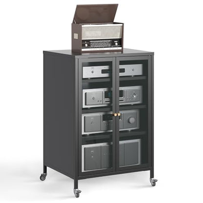 Media Cabinet with Glass Door Metal Stereo Cabinets with Adjustable Shelves 4 Tier DVD AV Storage Audio Video Rack Record Play Stand Display Cabinets for Living Room, Gaming, Recording Room – Black