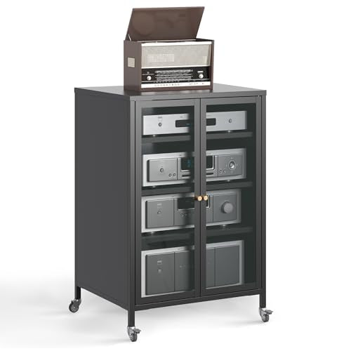 Media Cabinet with Glass Door Metal Stereo Cabinets with Adjustable Shelves 4 Tier DVD AV Storage Audio Video Rack Record Play Stand Display Cabinets for Living Room, Gaming, Recording Room – Black