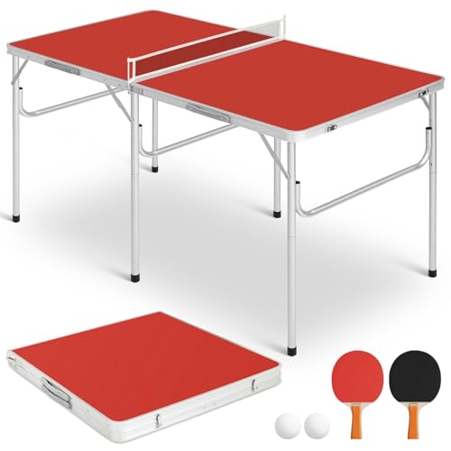 Table Tennis Table for Adults and Teens, Portable Foldable Indoor Ping Pong Game with 2 Paddles 2 Balls and Net, Folding Game Table for Home Game Room and Office, Quick Assembly - color: 5ft-red