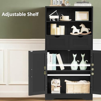 TEENFON Storage Cabinet with Doors & 2 Drawers, Kitchen Cabinet with Adjustable Shelf, Pantry Cabinets, Bathroom Cabinets, for Living Room, Entryway, Home Office, Black - color: Black