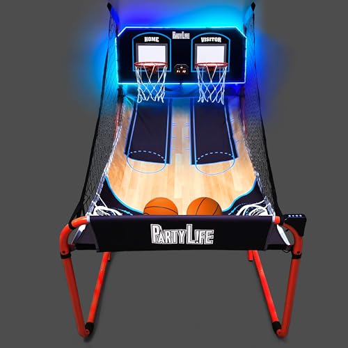 PartyLife 2-Player Basketball Arcade Game w/Optional LED Lights | Electronic Scoring | 5 Balls, 1 Pump, 8 Games | Folding Design | Heavy-Duty Steel Frame - Choose Your Model - color: PartyLife, style: w/ LED Lights
