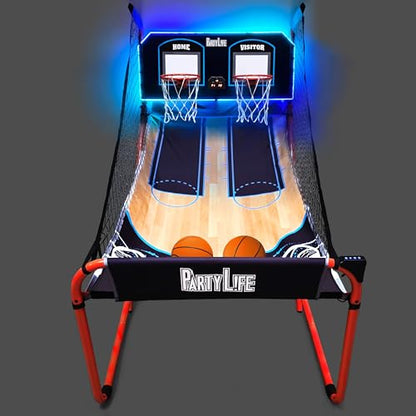 PartyLife 2-Player Basketball Arcade Game w/Optional LED Lights | Electronic Scoring | 5 Balls, 1 Pump, 8 Games | Folding Design | Heavy-Duty Steel Frame - Choose Your Model - color: PartyLife, style: w/ LED Lights