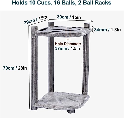 REMYS Corner Floor Cue Rack, with 5 Drink Coasters, Billiard Supplies 10 Cues Freestanding Pool Stick Holder, Holds Full Set of Balls