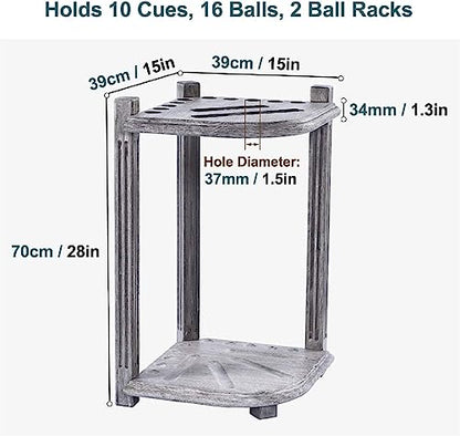 REMYS Corner Floor Cue Rack, with 5 Drink Coasters, Billiard Supplies 10 Cues Freestanding Pool Stick Holder, Holds Full Set of Balls