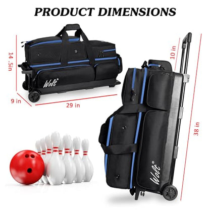 WOLT 3 Ball Bowling Bags with Wheels,Bowling Ball Bag 3 Ball Roller with Separate Shoe Compartment and Accessory Pocket, Retractable Handle Extends to 38’’ - color: Black+blue