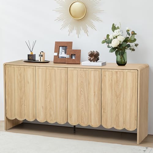 ORRD Sideboard Buffet Cabinet, Accent Storage Cabinets with 4 Doors, Farmhouse Wood Cabinet with Adjustable Shelves and Wave Panel for Living Room, Dining Room, Entry - Natural - color: 4 Doors Natural