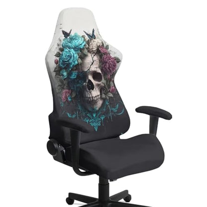 4 Pieces Gaming Chair Slip Cover Set Skull Rose Butterfly Print Game Chair Cover with Armrest Covers, Universal Fit, Machine Washable - color: Black - Skull Rose Butterfly