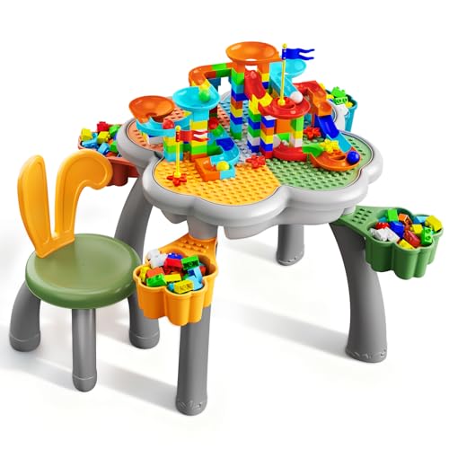 OCATO Kids Toddler Table and Chair Set: Sensory Activity Tables with Rabbit Chairs and Large Marble Run Building Blocks Storage All in One Play Sand Water Table 3 4 5 6 Year Old Boy Girl Toys Gifts - color: Yellow