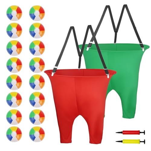 2 Pcs Granny Pants Yard Game with Suspenders, 16 Bouncy Balls & 2 Pumps - Hilarious Outdoor Party Game for Adults, Kids, Family Reunions & Field Days - color: Classic Red & Green