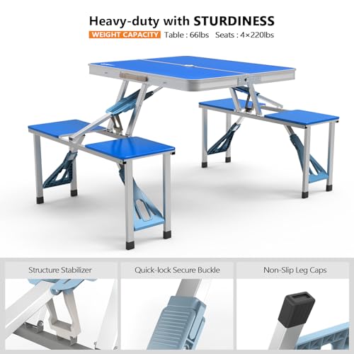 VINGLI 4Ft Portable Folding Picnic Table Camping Table Foldable Set with 4 Seats with Umbrella Hole Suitcase Card Table-220 Lbs Support Aluminum Frame, Plastic RV Tabletop for Yard, Travel-Green - color: Blue
