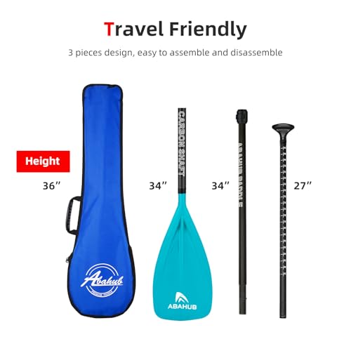 Abahub 1 x 3 Section Carbon Fiber SUP Paddle, Adjustable 67''-86'' Stand Up Paddle Lightweight Carbon Shaft, Black/Blue/Yellow/Green/Orange/Red Plastic Blade + Paddle Bag - color: Teal-SUP Paddle