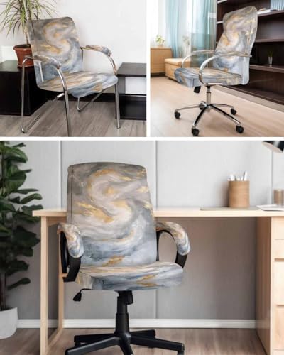Abstact Marble Texture Office Chair Cover with Armrest Covers, Grey Brown Gold Gradient Art Universal Stretch Desk Rotating Chair Slipcovers, Removable Seat Protector with Zipper, M - color: Grey, size: Medium & 2PCS Armrest Covers