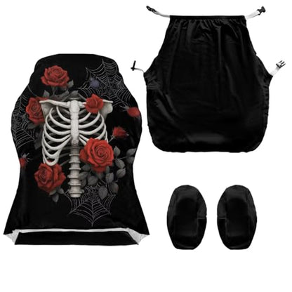 Skeleton Rose Print Gaming Chair Covers Slipcovers Spider Web Print Gamer Desk Chair Cover with 2 Armrest Covers Fits Most Office/PC Chairs & Racing Style Seats, Home Decor - color: Black - Skeleton Rose Spider Web