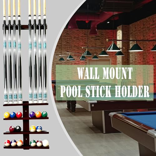 Wall-Mounted Pool Stick Holder, All Handicraft Hardwood Rack for 8-Cue Storage, Billiard Accesories Organizer (MAHOGANY)