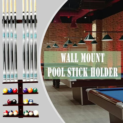 Wall-Mounted Pool Stick Holder, All Handicraft Hardwood Rack for 8-Cue Storage, Billiard Accesories Organizer (MAHOGANY)