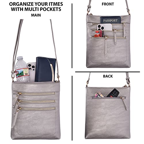 Solene Crossbody Bag Functional Multi Pocket Messenger Purse Top Zip Closure Shoulder Handbag With Adjustable Strap - color: Lt. Pewter